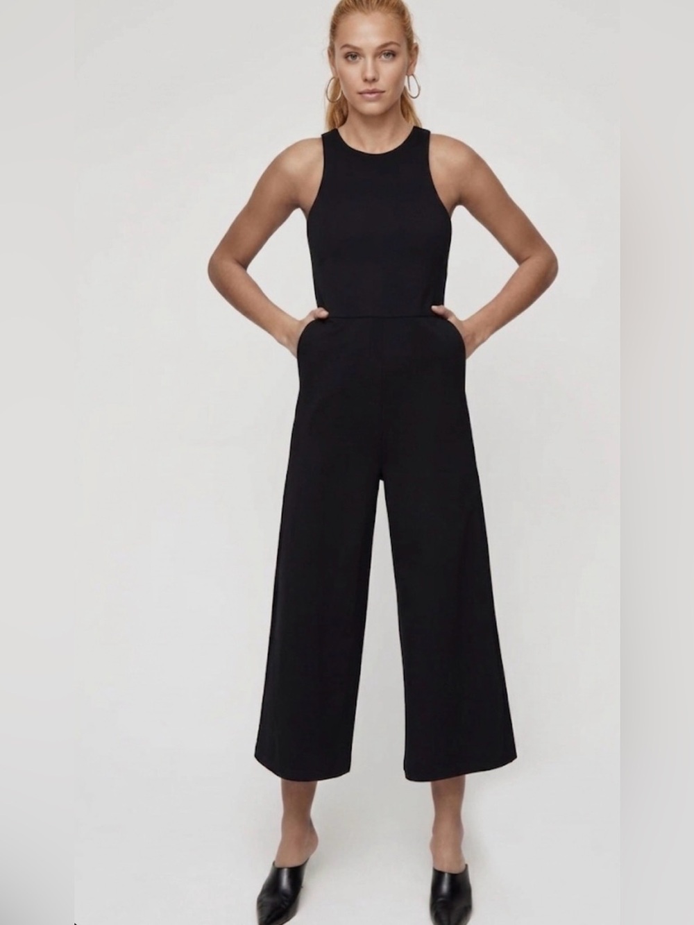 Babaton - women’s black jersey knit  sleeveless tank jumpsuit cropped wide leg 6
